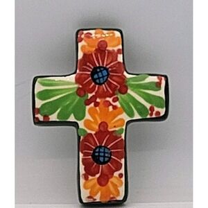 Mexican Talavera Folk Art Cross Hand Painted in Multicolor Floral